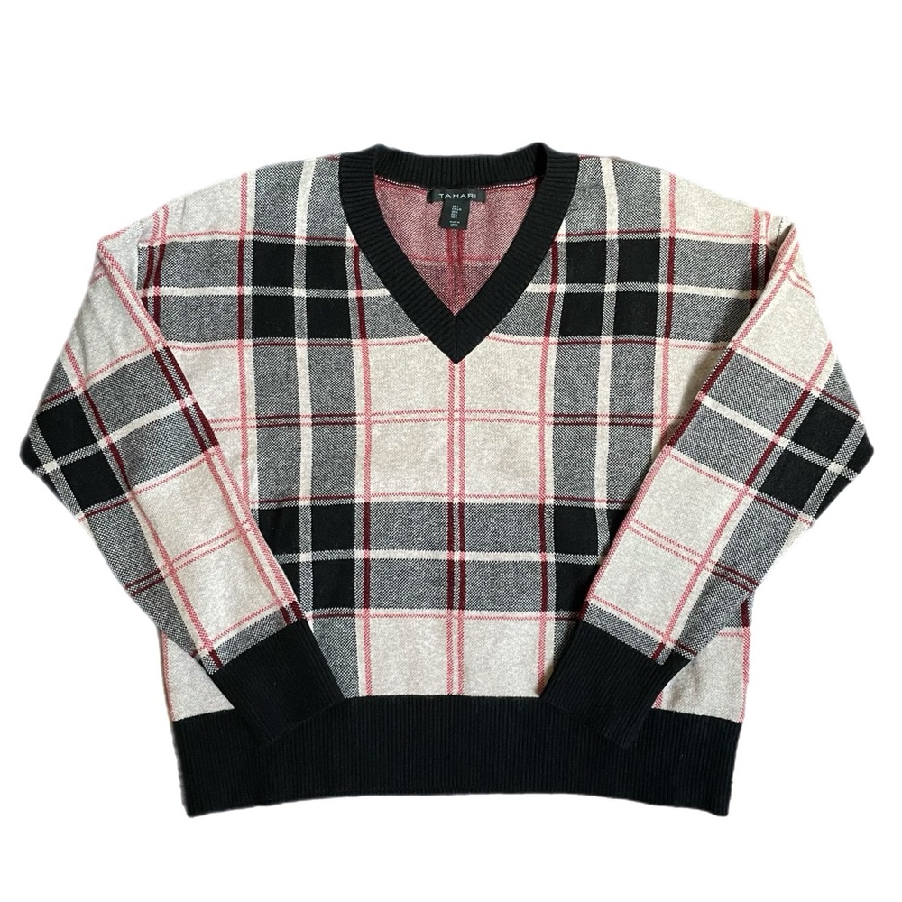 Tahari Plaid V-Neck Sweater Size L Large